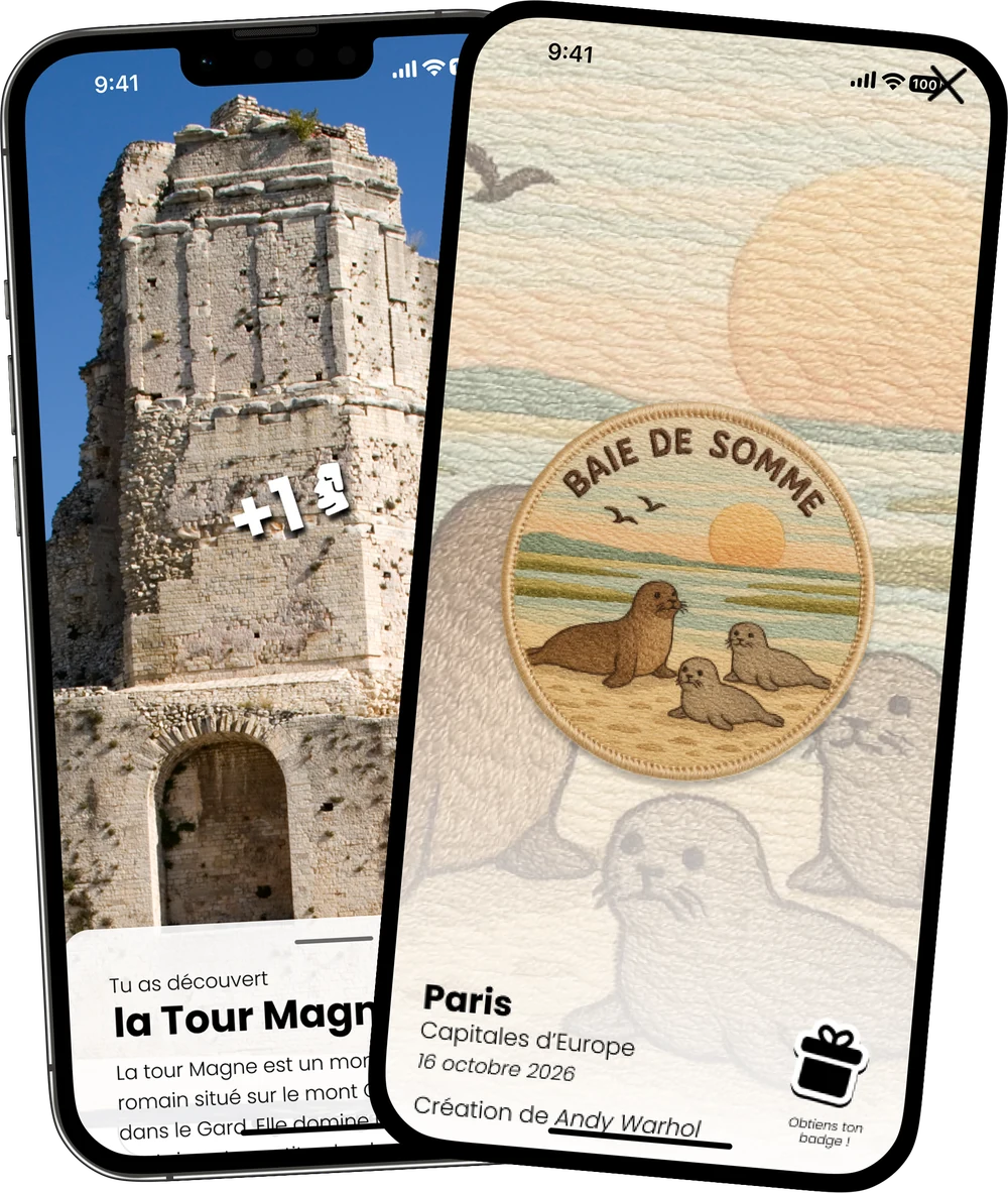 Deux écrans de l’application : la découverte de la Tour Magne et le badge « Baie de Somme ».