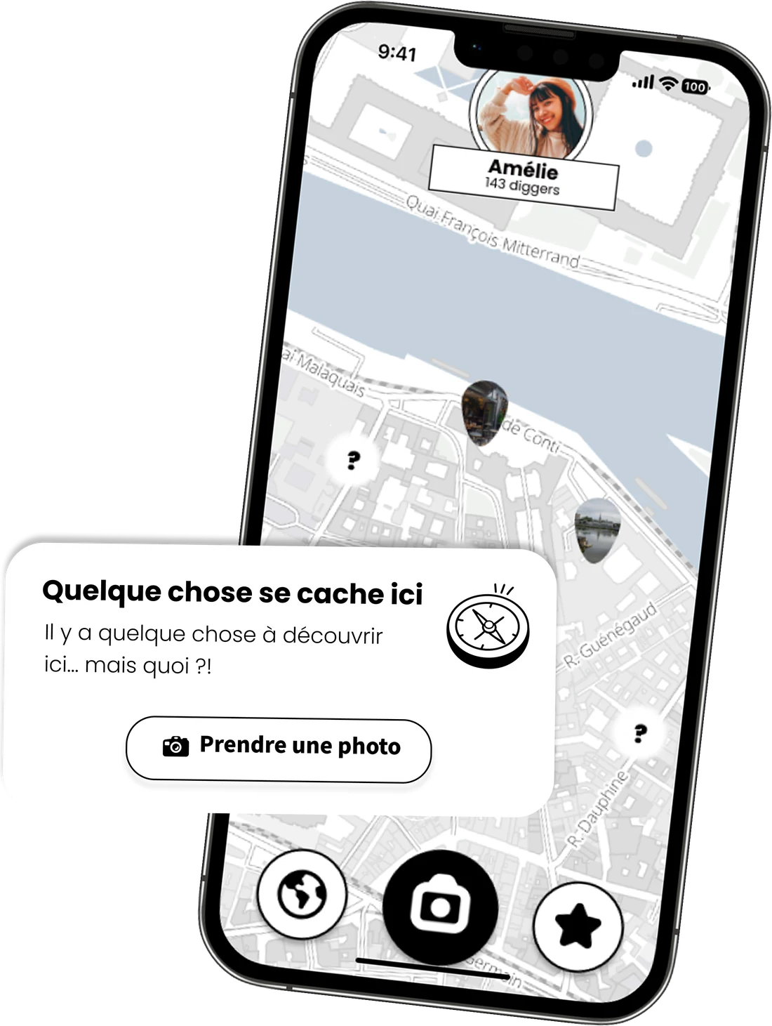 L’application Diggers : une carte de Paris avec des lieux à découvrir et le message « Quelque chose se cache ici ».