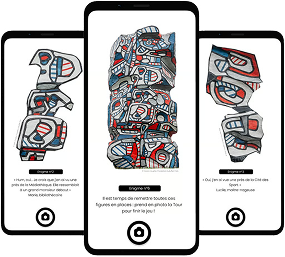 Trois écrans du jeu : des énigmes autour des figures de Dubuffet.