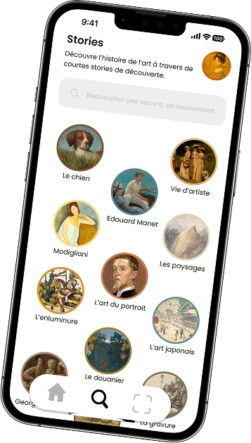 L’écran d’accueil de l’application avec la liste des stories : le chien, Édouard Manet, Modigliani, l’art du portrait…