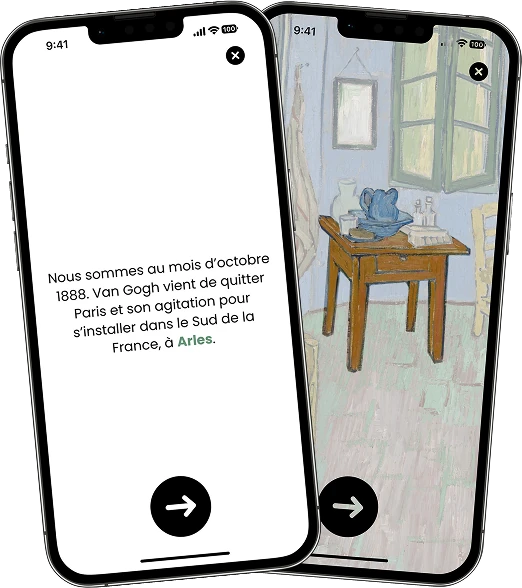 Deux écrans de l’application : le récit d’une story et son illustration, une chambre peinte par Van Gogh à Arles.