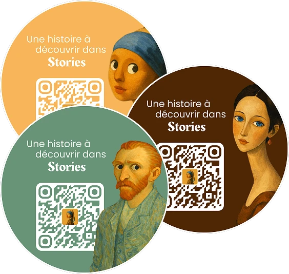 Trois stickers ronds « Une histoire à découvrir dans Stories », chacun avec un QR code.